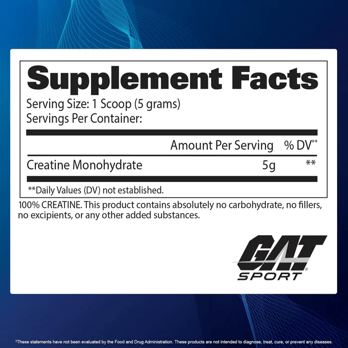 GAT Sport Creatine Monohydrate Powder | 100% Pure Micronized Creatine | Unflavored - 100 Servings