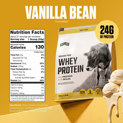 Levels Grass Fed Whey Protein Powder Vanilla Bean 2.2 lb | 24g Protein Per Serving
