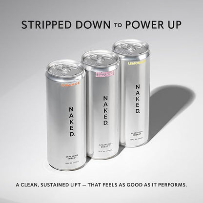 Naked Sparkling Energy Drink - Orange, Organic Caffeine, Organic Lemon Juice, Zero Sugar, No Sucralose, Naturally Sweetened, Natural Energy Drinks, Vegan, Gluten-Free, Non-GMO - 12oz Cans (Pack of 12)