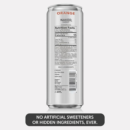 Naked Sparkling Energy Drink - Orange, Organic Caffeine, Organic Lemon Juice, Zero Sugar, No Sucralose, Naturally Sweetened, Natural Energy Drinks, Vegan, Gluten-Free, Non-GMO - 12oz Cans (Pack of 12)
