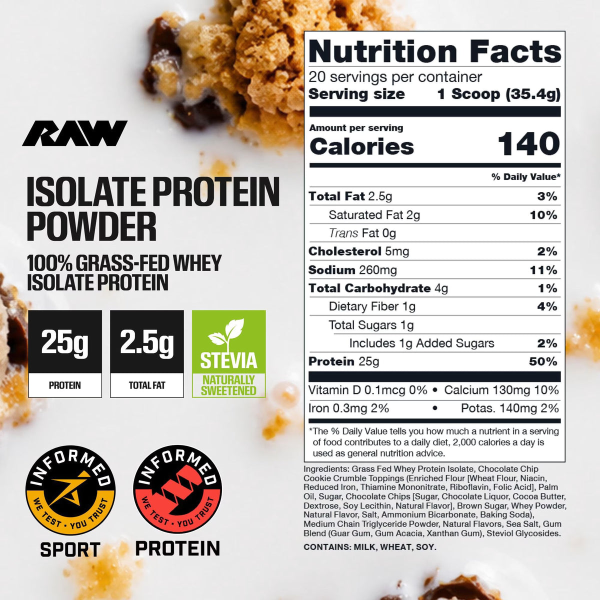 RAW 100% Grass Fed Whey Isolate Protein | Milk & Cookies Flavor | 20 Servings