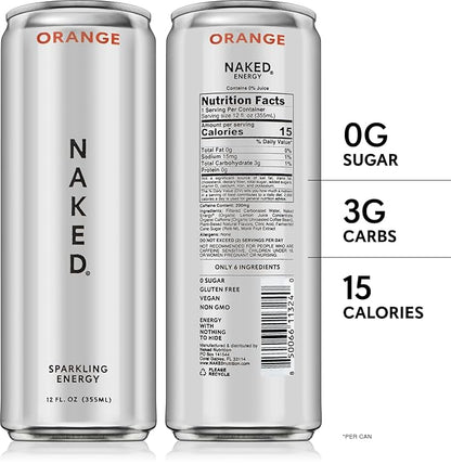 Naked Sparkling Energy Drink - Orange, Organic Caffeine, Organic Lemon Juice, Zero Sugar, No Sucralose, Naturally Sweetened, Natural Energy Drinks, Vegan, Gluten-Free, Non-GMO - 12oz Cans (Pack of 12)