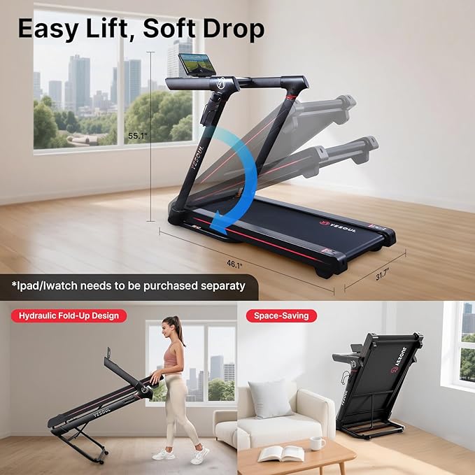 Yesoul Walking Treadmill for Seniors with Long Handrails – 4 Major Safety Protections, Emergency Stop Button, Treadmill for Home 300 lbs Capacity, Recovery Walking Machine with LED Display
