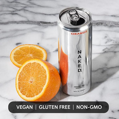 Naked Sparkling Energy Drink - Orange, Organic Caffeine, Organic Lemon Juice, Zero Sugar, No Sucralose, Naturally Sweetened, Natural Energy Drinks, Vegan, Gluten-Free, Non-GMO - 12oz Cans (Pack of 12)
