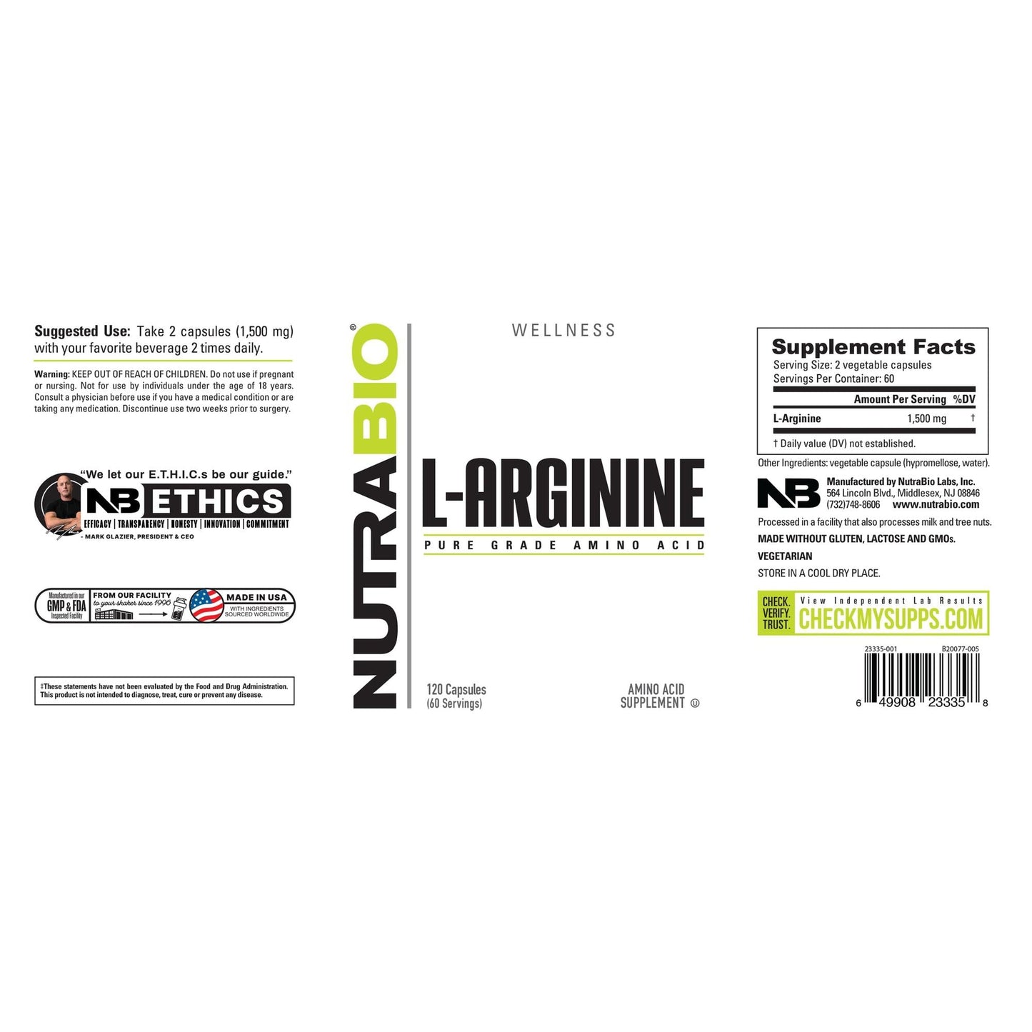 NutraBio L-Arginine - 120 Capsules