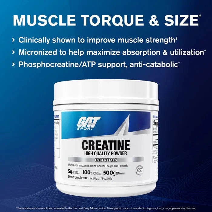 GAT Sport Creatine Monohydrate Powder | 100% Pure Micronized Creatine | Unflavored - 100 Servings