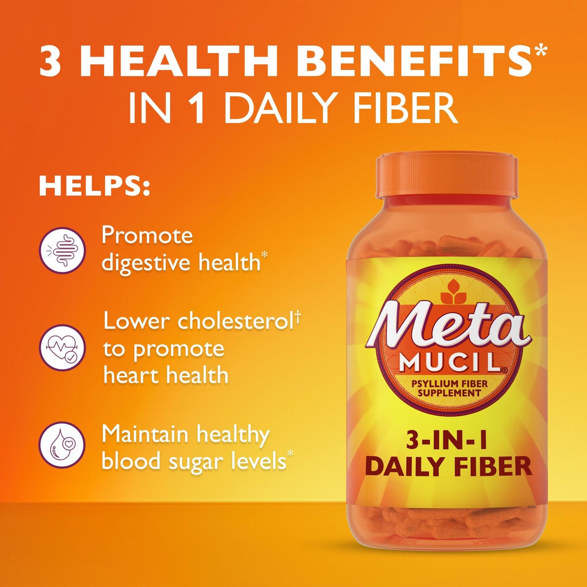 Meta Mucil 3 in 1 Psyllium Fiber Supplement -300 Capsules