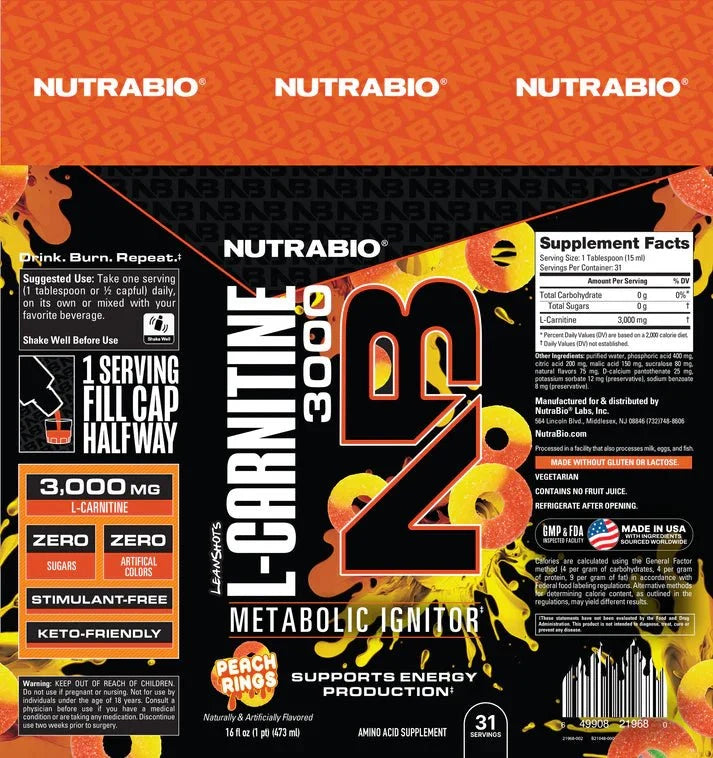 Nutrabio  LeanShots Liquid L-Carnitine Shot (3000mg)
