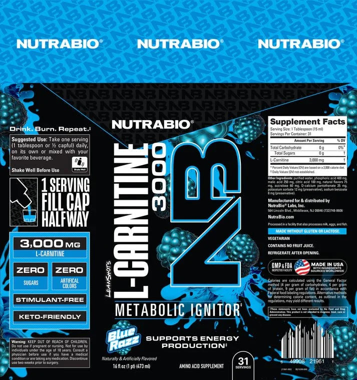 Nutrabio  LeanShots Liquid L-Carnitine Shot (3000mg)